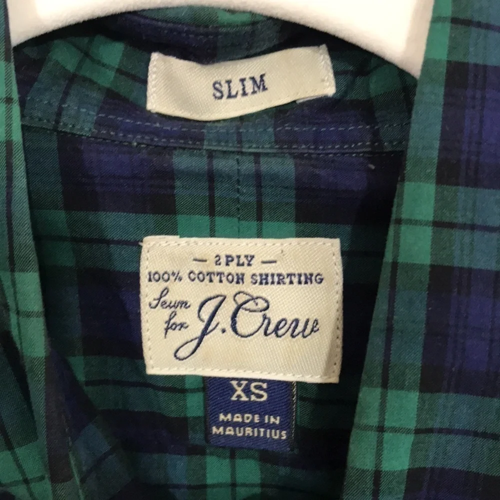 J. Crew 100% Cotton Shirting 2-Ply Slim Fit Ling Sleeve Blue & Green Plaid Shirt